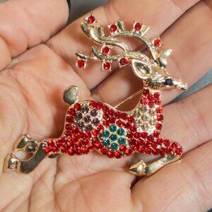 Reindeer Brooch Rhinestone Christmas Deer Holiday Pin Red Crystal 2”
